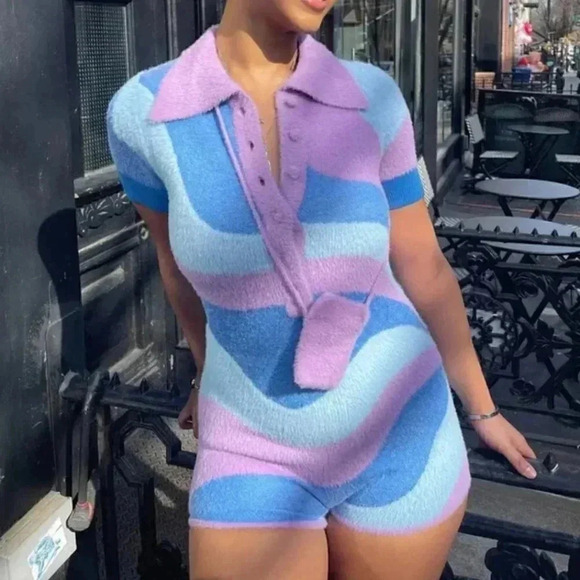 NWT HOUSE OF SUNNY Good Vibrations Sea Blue Parma Violet Fuzzy Hippie Romper M - Picture 1 of 5